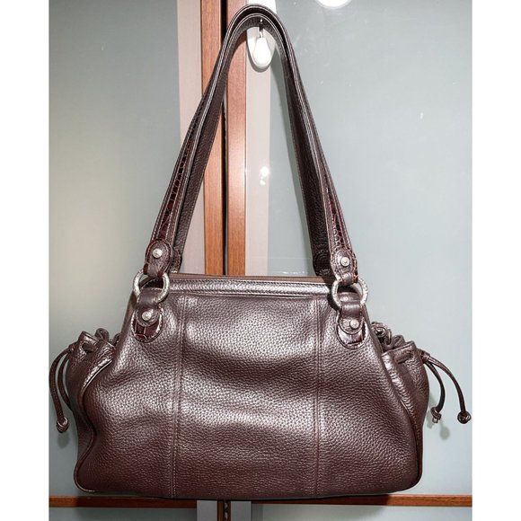 BRIGHTON Croc Embossed Brown Pebbled Leather Silver Accented Shoulder Hand Bag - Picture 2 of 13